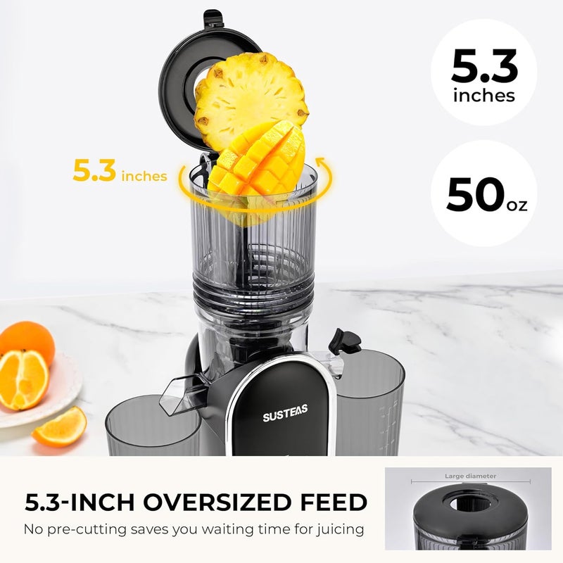 susteas Cold Press Juicer, 300W, 5.3" Large Feed Chute, 1.5L Capacity, Automatic Feeding, High Yield, Easy to Clean, Ideal for Whole Fruits & Vegetables, Black - Image 4